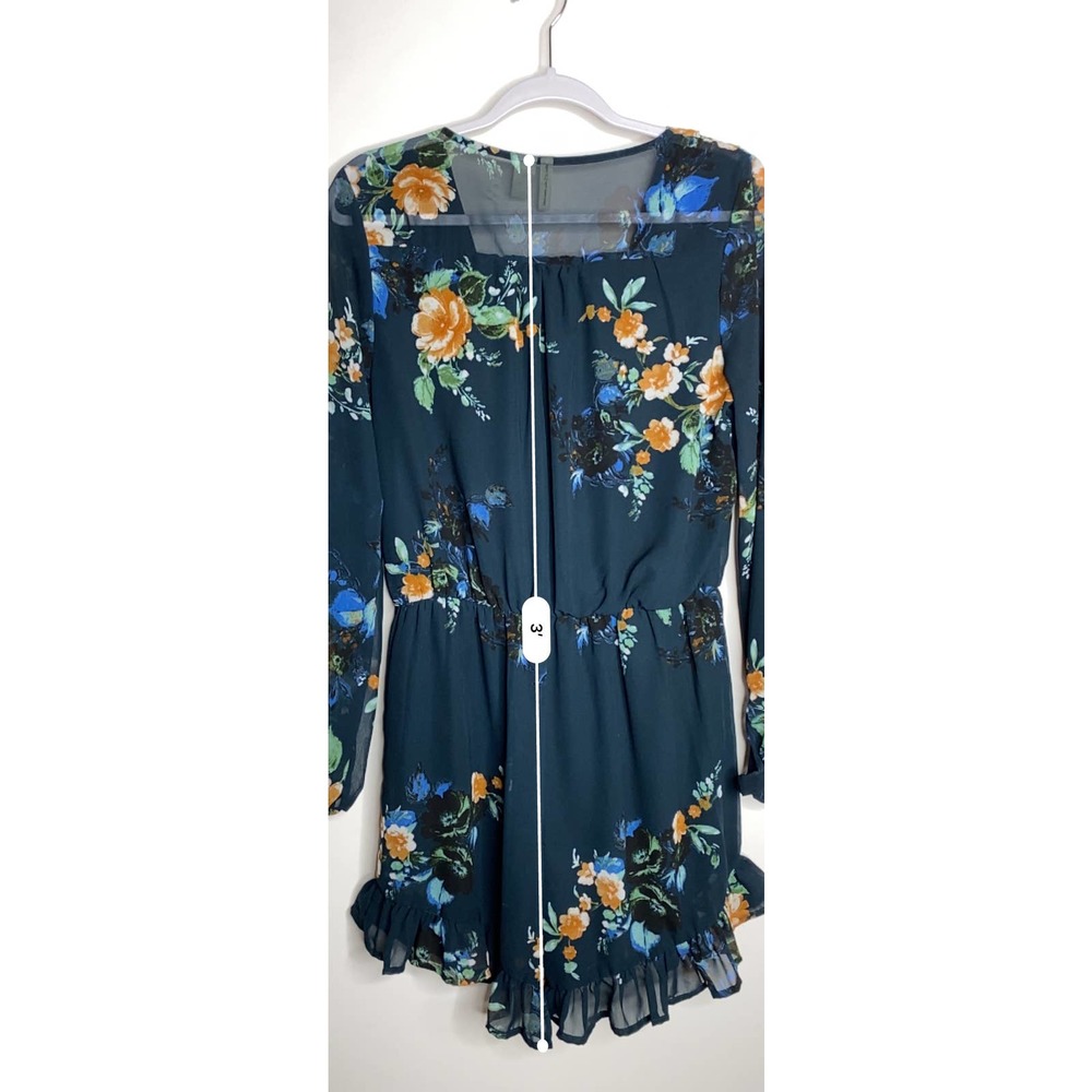 Japna Navy Floral Summer Sheer Ruffle Romper Size L Large V Neck Blue Green - Picture 7 of 10